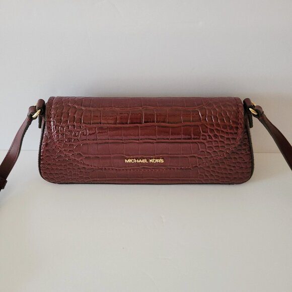 Michael Kors Katya Medium Flap Crossbody Handbag Faux Embossed Patent Oxblood - Picture 1 of 7